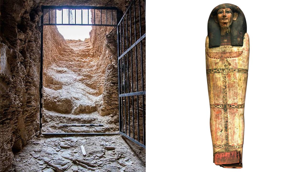 LUZES - A entrada da câmara e o sarcófago achados pelas equipes: a localização exata havia se perdido há mais de 3 500 anos