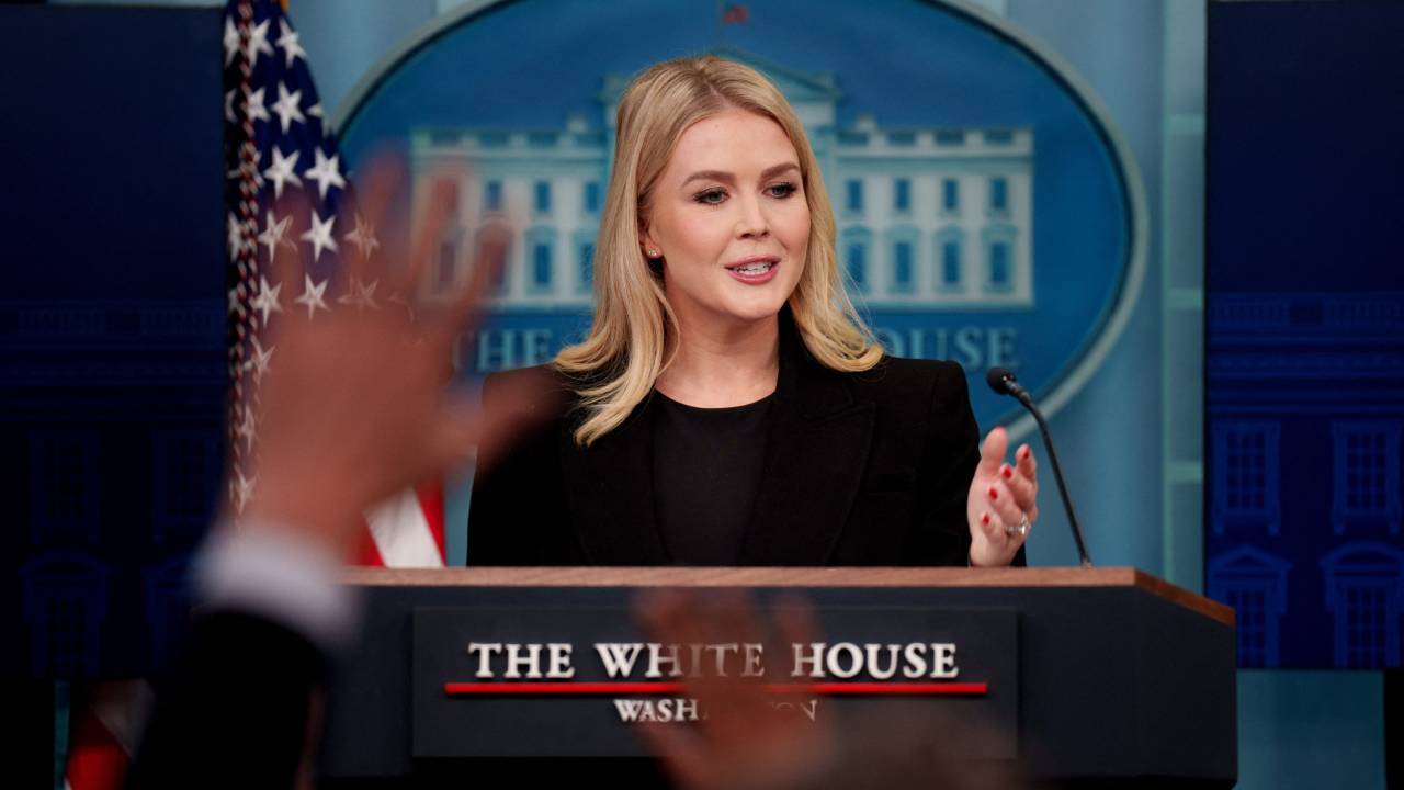 WASHINGTON, DC - FEBRUARY 5: White House Press Secretary Karoline Leavitt speaks during a news conference in the Brady Press Briefing Room at the White House on February 5, 2025 in Washington, DC. Leavitt discussed the president's views on Gaza, the Panama Canal, and a "No Men In Women's Sports" executive order the president is set to sign later today, and other topics. Andrew Harnik/Getty Images/AFP (Photo by Andrew Harnik / GETTY IMAGES NORTH AMERICA / Getty Images via AFP)