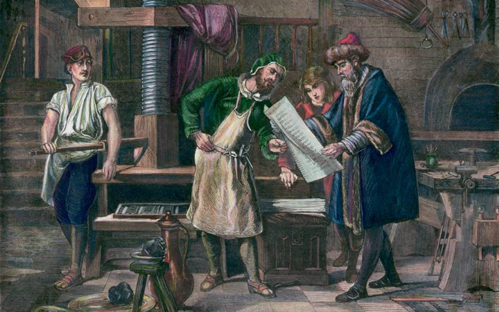 Johannes Gutenberg In His Workshop REVOLUÇÃO - A Bíblia de Gutenberg: a tecnologia de impressão a serviço da fé