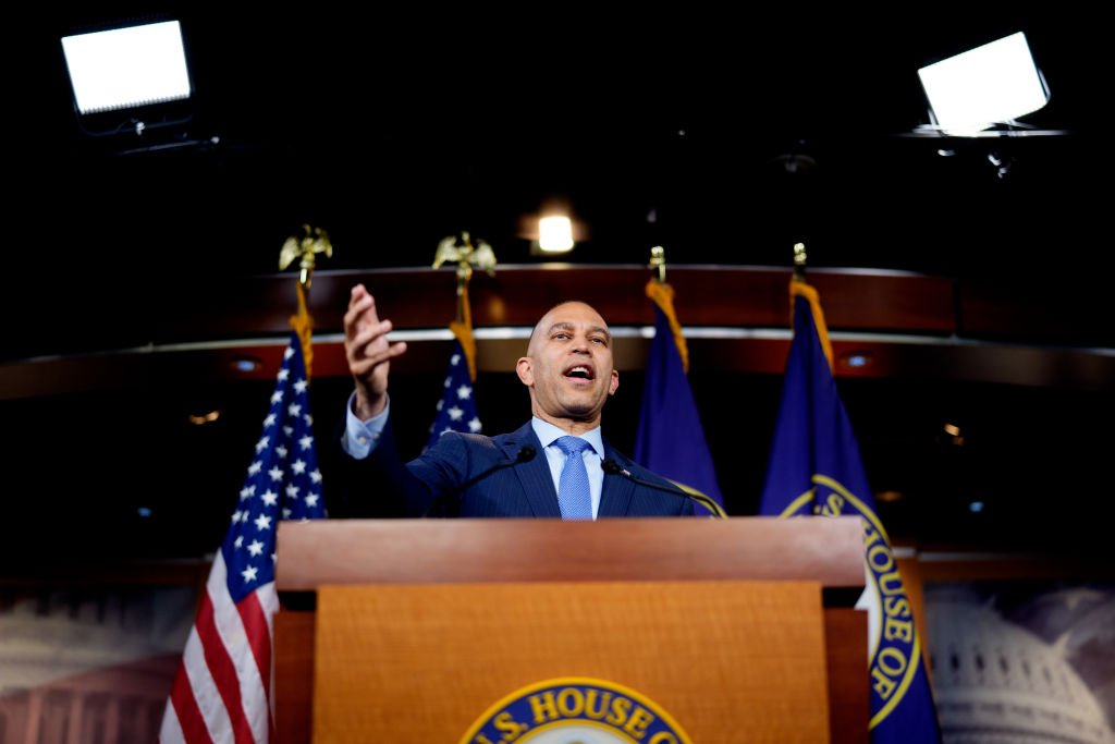 WASHINGTON, DC - MARCH 24: House Minority Leader Hakeem Jeffries (D-NY) speaks during a news conference on March 24, 2025 at the U.S. Capitol in Washington, DC. Jeffries spoke about Republican threats to Medicaid and Social Security and took questions on an article in The Atlantic about an accidental national intelligence leak among officials in the Trump administration, the dismantling of the Department of Education, and other topics. (Photo by Andrew Harnik/Getty Images)