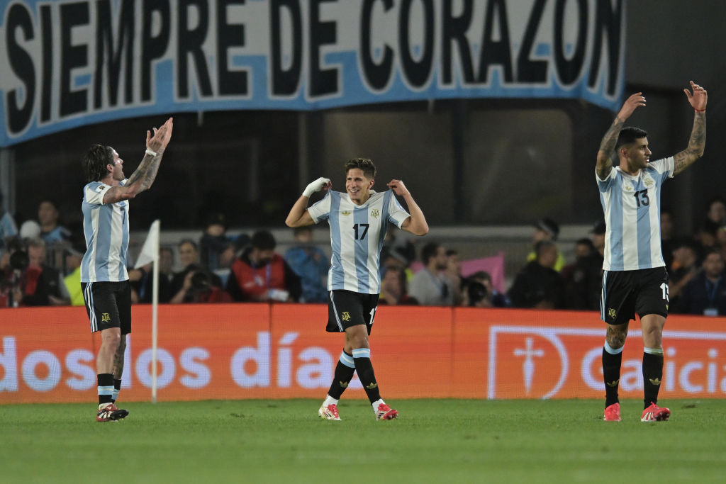 BUENOS AIRES, ARGENTINA - MARCH 25: Giuliano Simeone of Argentina celebrates after scoring the team's fourth goal during the South of American FIFA World Cup 2026 Qualifier between Argentina and Brazil at Estadio Más Monumental Antonio Vespucio Liberti on March 25, 2025 in Buenos Aires, Argentina. (Photo by Marcelo Endelli/Getty Images)