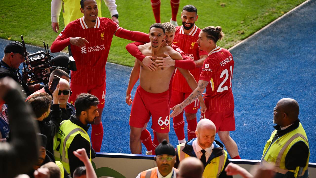 LEICESTER, ENGLAND - APRIL 20: (SUN OUT, SUN ON SUNDAY OUT) Trent Alexander-Arnold of Liverpool celebrates scoring his team's first goal with teammate Harvey Elliott during the Premier League match between Leicester City FC and Liverpool FC at The King Power Stadium on April 20, 2025 in Leicester, England. (Photo by Liverpool FC/Liverpool FC via Getty Images)