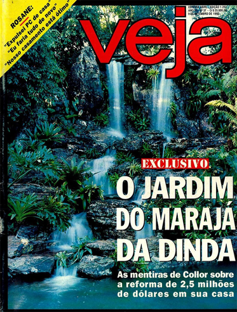 09/09/1992 - "O jardim do marajá da dinda" - VEJA publica, com exclusividade, fotos dos luxuosos jardins da Casa da Dinda, mansão da família Collor no Distrito Federal, reformados com 2,5 milhões de dólares pagos por PC Farias