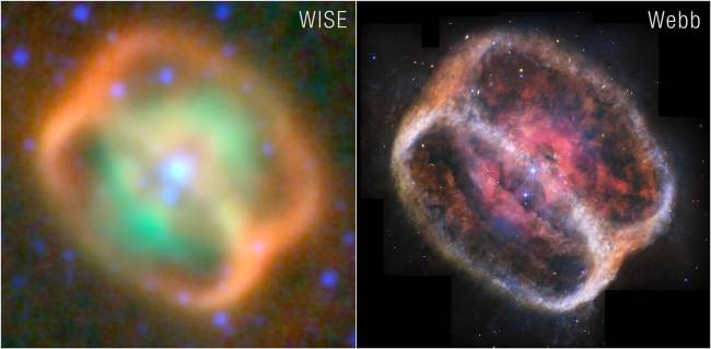 Nebulosa NGC 1514: à esquerda, uma observação do Wide-field Infrared Survey Explorer (WISE) da Nasa; à direita, a imagem mais refinada do telescópio James Webb