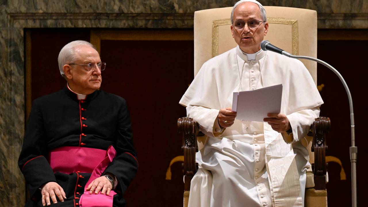 This photo taken and handout on May 16, 2025 by The Vatican Media shows Pope Leo XIV during an audience with the Diplomatic Corps in The Vatican. (Photo by Handout / VATICAN MEDIA / AFP) / RESTRICTED TO EDITORIAL USE - MANDATORY CREDIT "AFP PHOTO / VATICAN MEDIA" - NO MARKETING - NO ADVERTISING CAMPAIGNS - DISTRIBUTED AS A SERVICE TO CLIENTS