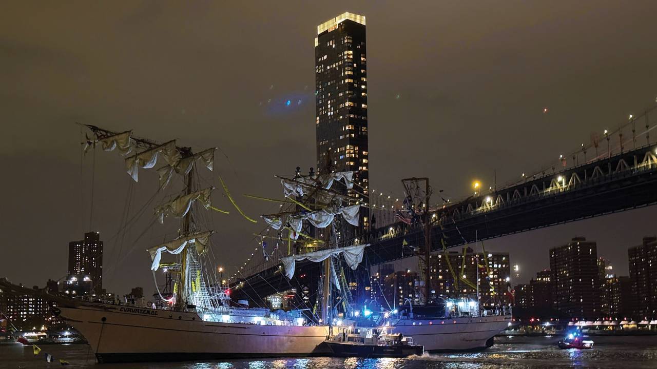A masted Mexican Navy training ship, the Cuauhtémoc, sits stranded after colliding with the Brooklyn Bridge in New York on Saturday, May 17, 2025. (AP Photo/Kyle Viterbo)