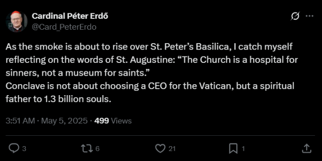 Captura de tela 2025-05-06 142603 O cardeal Péter Erdõ no X: conclave não vai escolher CEO, mas líder espiritual. -