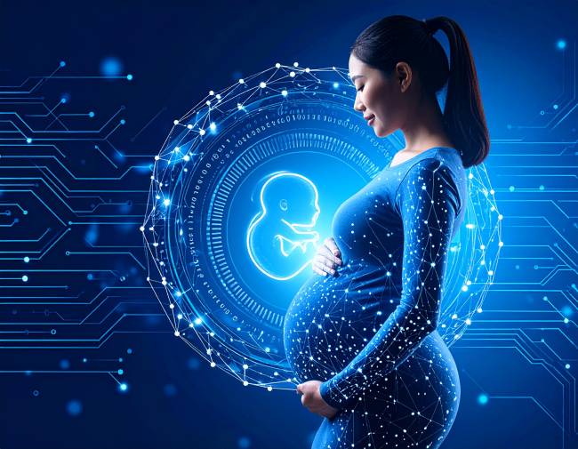Composição digital abstrata com a forma de uma gestante No Brasil também já existem iniciativas relevantes que utilizam inteligência artificial para reduzir a reinternação e a mortalidade materna por pré-eclâmpsia