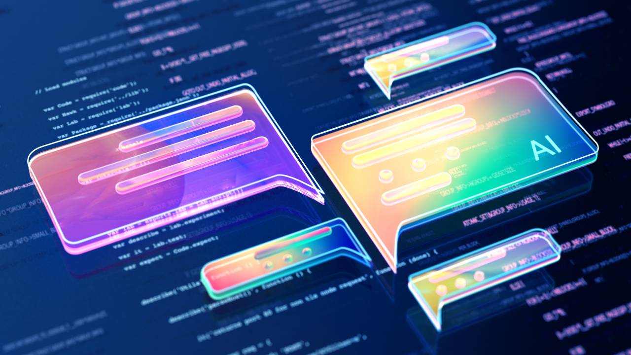 Digital generated image of abstract AI data chat icons flying over digital surface with codes