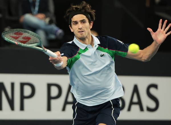 MARSEILLE, FRANCE - FEBRUARY 16: Pierre-Hughes Herbert of France during the doubles final of Open 13 Provence on day 7 of the ATP 250 Marseille tennis tournament at Palais des Sports on February 16, 2025 in Marseille, France. (Photo by Jean Catuffe/Getty Images)
