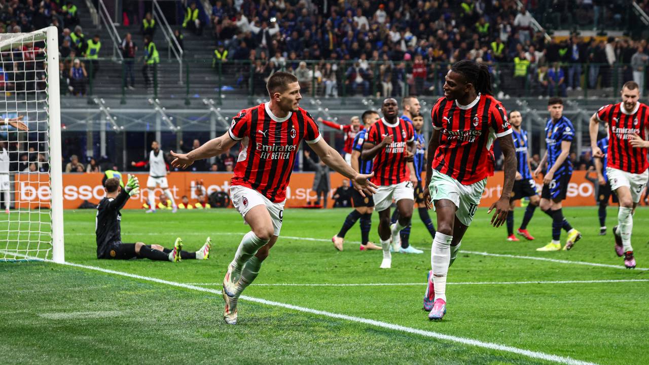 MILAN, ITALY - APRIL 23: Luka Jovic of AC Milan celebrates after scoring the his team's second goal during the Coppa Italia Semi Final match between FC Internazionale and AC Milan at Stadio Giuseppe Meazza on April 23, 2025 in Milan, Italy. (Photo by Giuseppe Cottini/AC Milan via Getty Images)