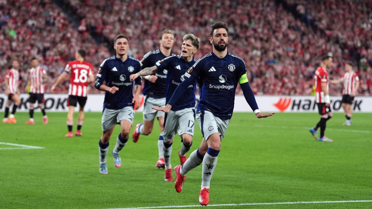 Manchester United's Bruno Fernandes celebrates scoring their side's second goal of the game during the UEFA Europa League semi-final first leg match at the San Mames Stadium, Bilbao, Spain. Picture date: Thursday May 1, 2025. (Photo by Bradley Collyer/PA Images via Getty Images)