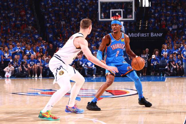 2025 NBA Playoffs – Denver Nuggets v Oklahoma City Thunder – Game Seven OKLAHOMA CITY, OK - MAY 18: Shai Gilgeous-Alexander #2 of the Oklahoma City Thunder dribbles the ball during the game against the Denver Nuggets during Round 2 Game 7 of the 2025 NBA Playoffs on May 18, 2025 at Paycom Center in Oklahoma City, Oklahoma. NOTE TO USER: User expressly acknowledges and agrees that, by downloading and or using this photograph, User is consenting to the terms and conditions of the Getty Images License Agreement. Mandatory Copyright Notice: Copyright 2025 NBAE