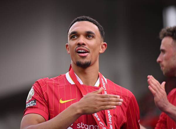 LIVERPOOL, ENGLAND - MAY 25: Trent Alexander-Arnold of Liverpool, celebrates after his final appearance for Liverpool as Liverpool are crowned the Champions of the Premier League for the 2024/25 Season, following the Premier League match between Liverpool FC and Crystal Palace FC at Anfield on May 25, 2025 in Liverpool, England. (Photo by Michael Regan/Getty Images/Getty Images For The Premier League)