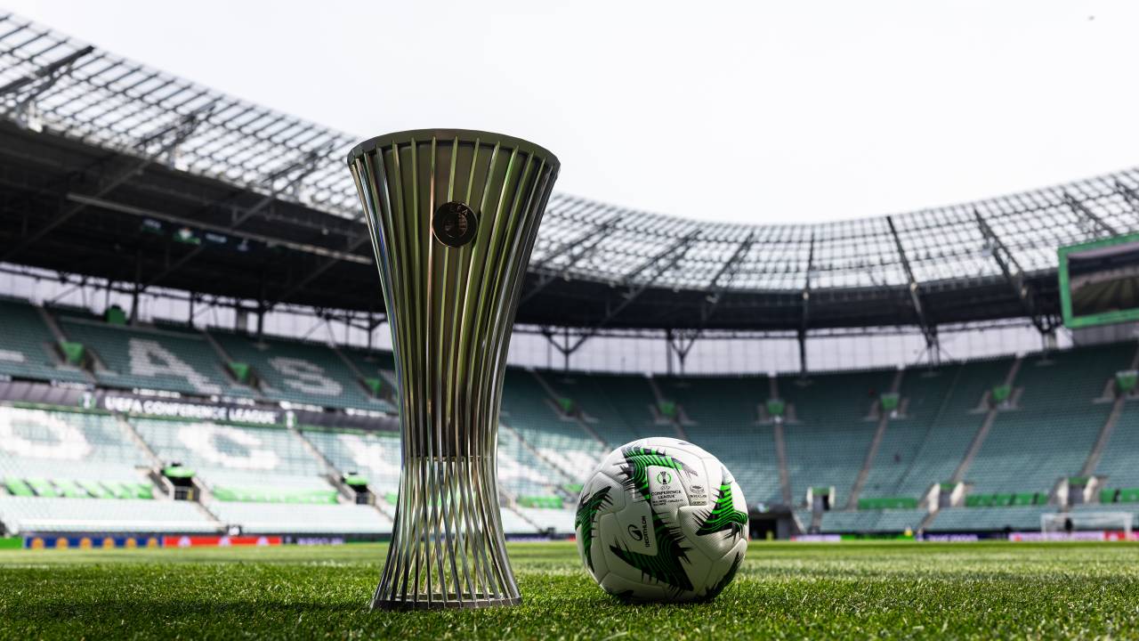 WROCLAW, POLAND - MAY 26: The UEFA Conference League Trophy is pictured with the match ball ahead of the UEFA Conference League Final 2025 between Real Betis Balompié and Chelsea FC at Wroclaw Stadium on May 26, 2025 in Wroclaw, Poland. (Photo by Boris Streubel - UEFA/UEFA via Getty Images)