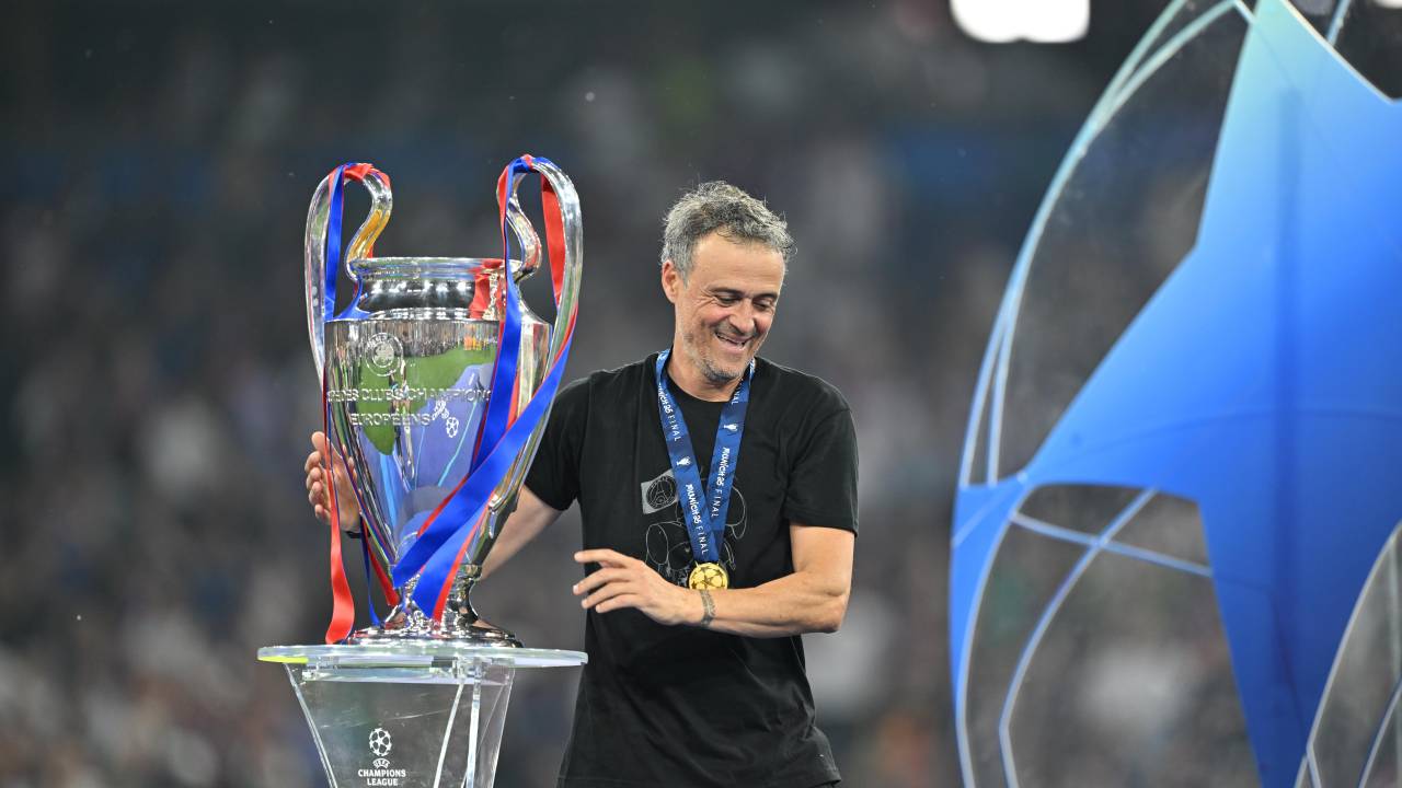 MUNICH, GERMANY, MAY 31: Luis Enrique, Head Coach of Paris Saint-Germain, walks past the UEFA Champions League trophy following his team's victory in the UEFA Champions League football final match between Paris Saint-Germain and Inter Milan at the Munich Football Arena in Munich, Germany, on May 31, 2025. (Photo by Mustafa Yalcin/Anadolu via Getty Images)