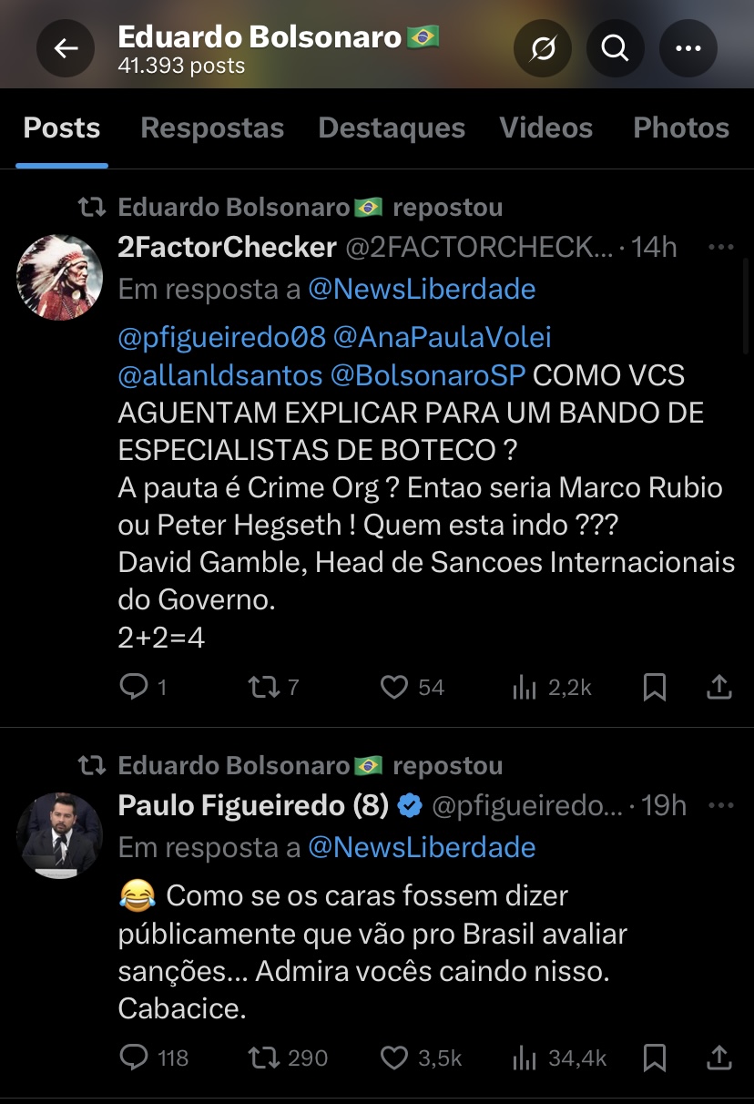 Screenshot Posts compartilhados por Eduardo Bolsonaro dobram a aposta na disputa de versões sobre sanções a Alexandre de Moraes