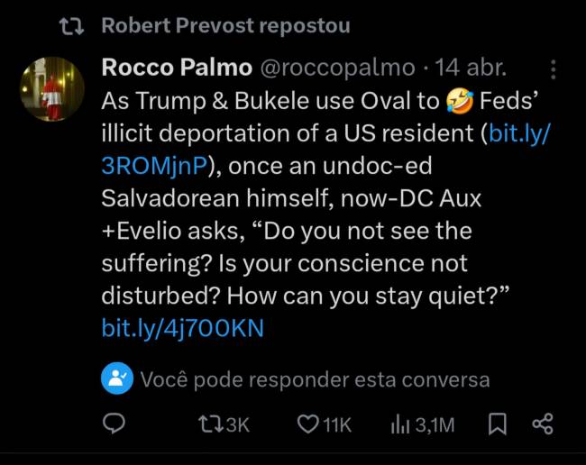 WhatsApp Image 2025-05-09 at 12.24.03 Robert Prevost, novo papa Leão XIV, repostou crítica a Trump (tradução livre: Enquanto Trump e Bukele usam o Salão Oval para 🤣 a deportação ilícita, pelos federais, de um residente dos EUA (bit.ly/3ROMjnP), que já foi um salvadorenho sem documentos, o agora bispo auxiliar de Washington, +Evelio, pergunta: “Vocês não veem o sofrimento? Sua consciência não se incomoda? Como podem ficar em silêncio?” bit.ly/4j700KN)