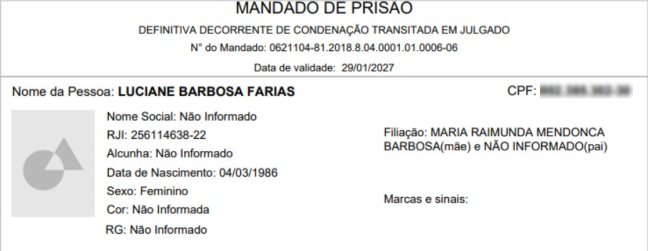 Mandado de prisão para Dama do Tráfico, que ficou foragida por cinco meses