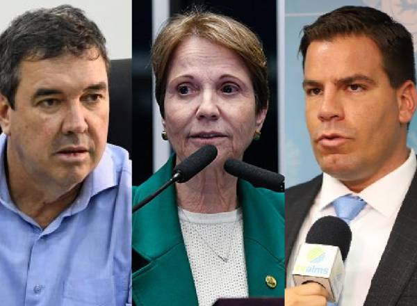 O governador do Mato Grosso do Sul, Eduardo Riedel (PSDB); a senadora Tereza Cristina (PP); e o ex-deputado estadual Renan Contar (PRTB)