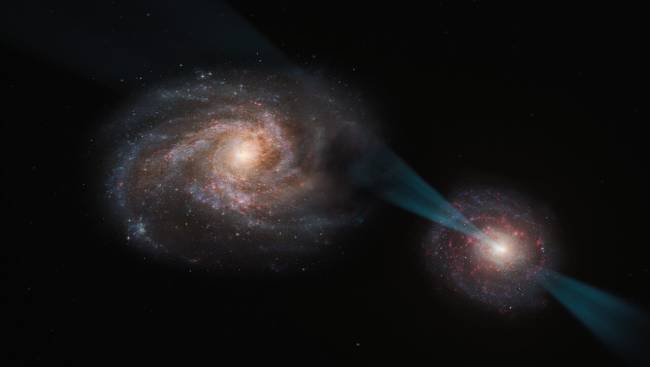 Artist’s impression of a ‘cosmic joust’ This artist's impression shows a ‘cosmic joust’ –– a galactic merger in which the galaxy on the right hosts a quasar at its core. This quasar is powered by a supermassive black hole swallowing up material around it and emitting a powerful cone of radiation, piercing the other galaxy like a lance. As this radiation interacts with the galaxy on the left, it disrupts the clouds of gas and dust within, leaving behind only the smallest and densest regions. These regions are likely rendered incapable of star formation after the process.
