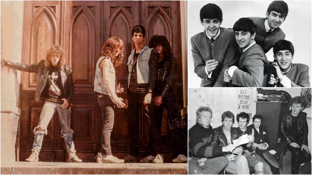 (galeria-3)-Sepultura_bestial01.jpeg PARTO DIFÍCIL - Tropeços célebres: os Beatles (no alto, à dir.) recorreram a baterista postiço, os Sex Pistols (à dir.) foram “salvos” por doença e Sepultura (à esq.) teve início precário