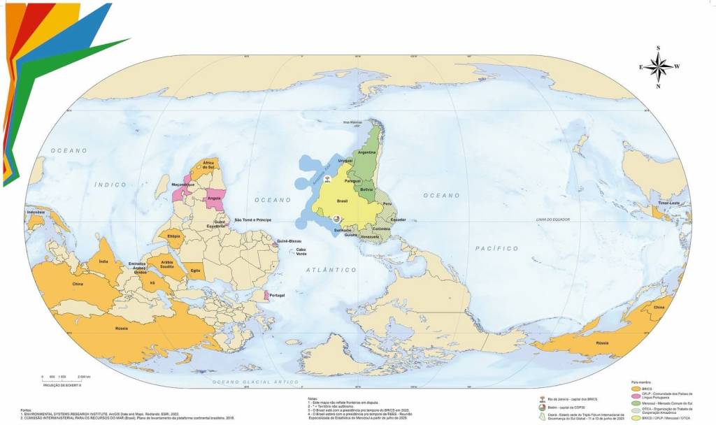 mapa-mundi-invertido-IBGE-2 Novo mapa-múndi publicado pelo IBGE em maio de 2025 que exibe o Brasil no centro do mundo e inverte a orientação tradicional dos pontos cardeais