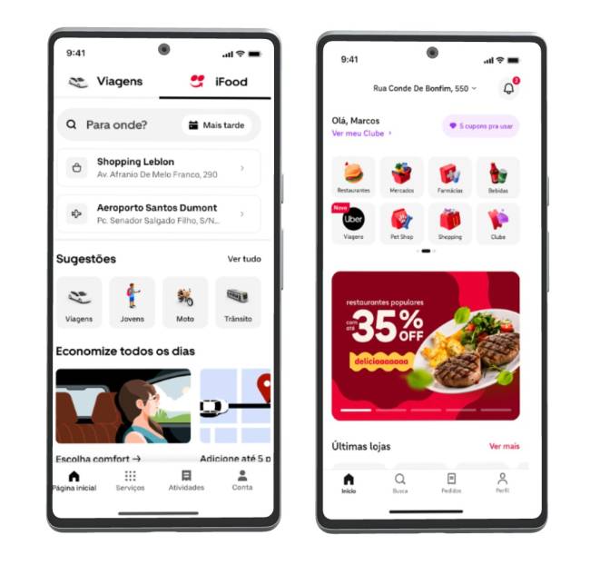 uber_ifood_mockup Dois celulares com tela da Uber e do iFood com funções novas das parcerias das empresas