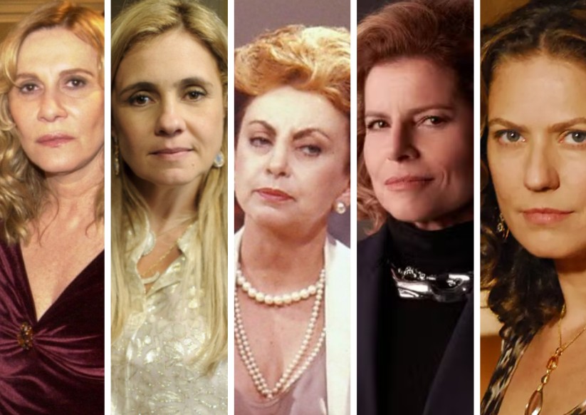 Vilãs icônicas de novelas da Globo: Nazaré Tedesco (Renata Sorrah), Carminha (Adriana Esteves), Odete Roitman (Beatriz Segall e Debora Bloch) e Flora (Patricia Pilar)