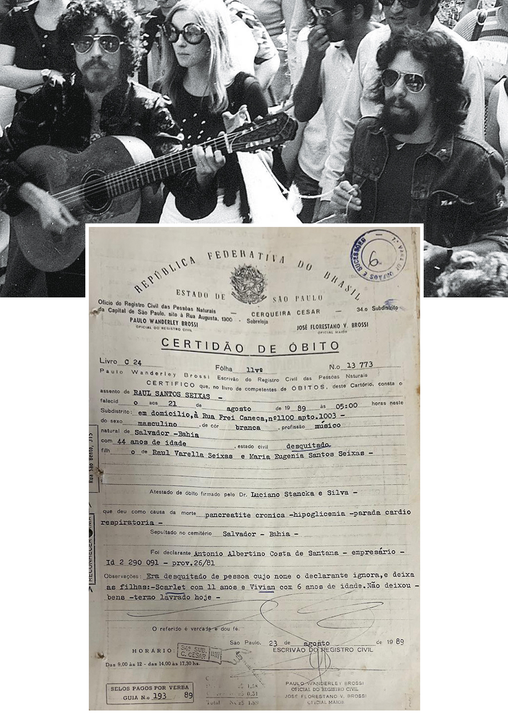 3—15663124015d5c07d174ce9_1566312401_3x2_lg-copy.jpg DA GLÓRIA AO ACASO - No auge com Paulo Coelho, seu principal parceiro (acima), e a certidão de óbito: ídolo do rock foi vitimado pelo vício em álcool e drogas — e não deixou nenhum bem