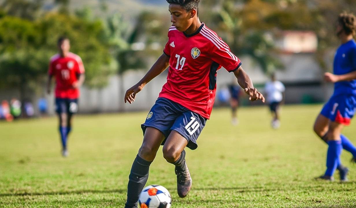 Adolescente criado por IA joga bola em campo de futebol