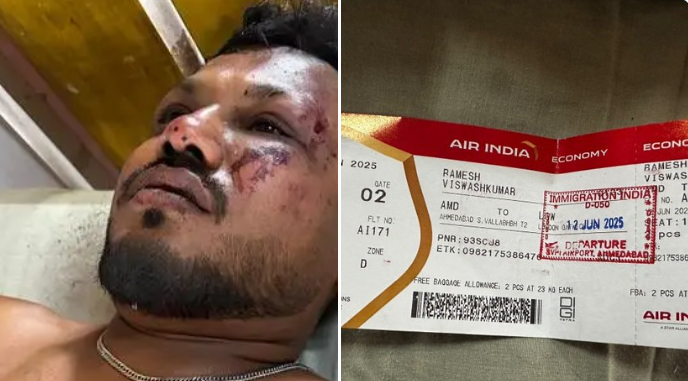 Vishwash Kumar Ramesh e o seu cartão de embarque para avião que despencou na Índia. 12/06/2025