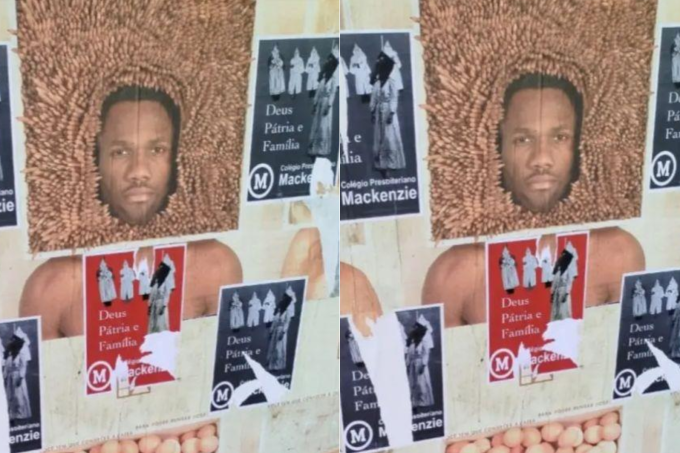 Cartazes que fazem referência à Ku Klux Klan colados em torno de outro panfleto em que aparece um homem negro próximo ao Mackenzie, em Higienópolis
