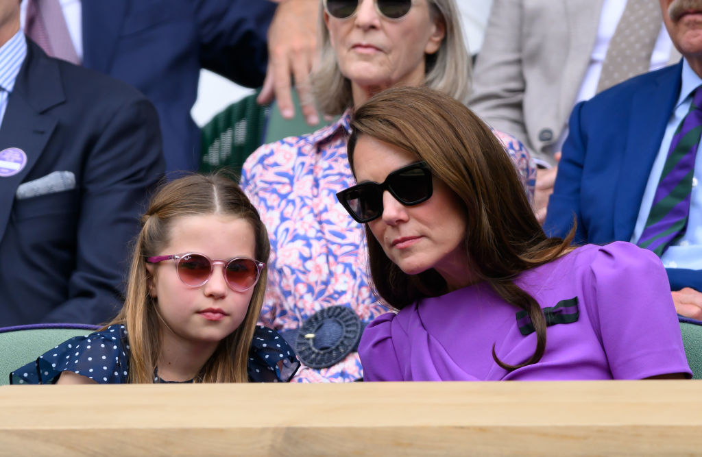 LONDON, ENGLAND - JULY 14: Princess Charlotte of Wales and Catherine, Princess of Wales court-side of Centre Court during the men's final on day fourteen of the Wimbledon Tennis Championships at the All England Lawn Tennis and Croquet Club on July 14, 2024 in London, England. (Photo by Karwai Tang/WireImage)