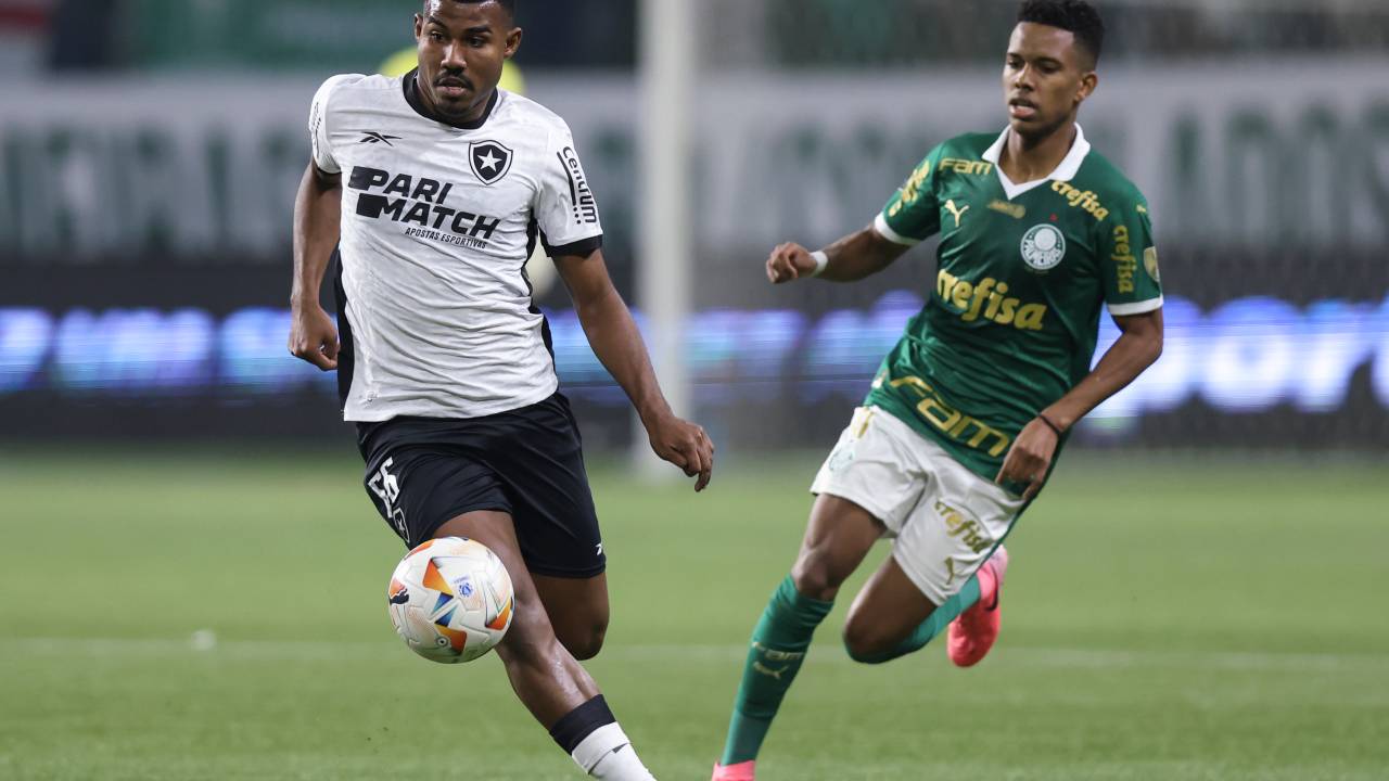 SAO PAULO, BRAZIL - AUGUST 21: Cuiabano of Botafogo and Estevao of Palmeiras fight for the ball during a Copa CONMEBOL Libertadores 2024 Round of 16 second leg match between Palmeiras and Botafogo at Allianz Parque on August 21, 2024 in Sao Paulo, Brazil. (Photo by Alexandre Schneider/Getty Images)