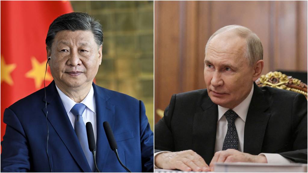 GettyImages-2185131759.jpg CADA UM NA SUA - Xi (à esq.) e Putin: ninguém quer se desgastar em prol do Irã