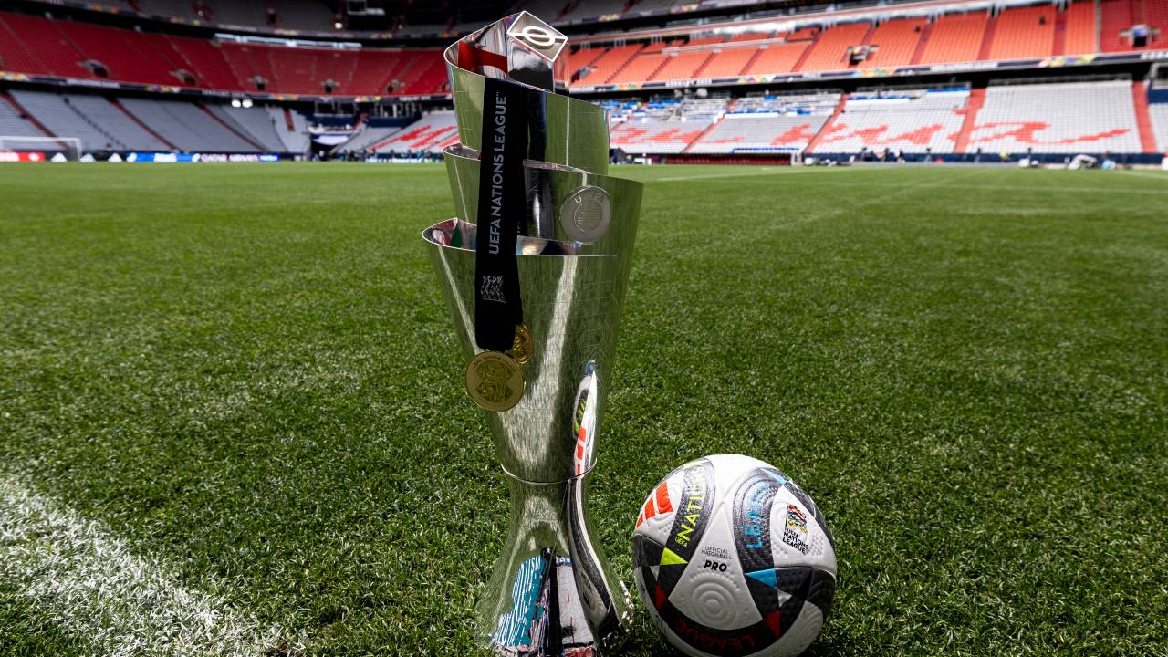 MUNICH, GERMANY - JUNE 03: The UEFA Nations League trophy with medal is seen ahead of the UEFA Nations League Finals 2025 at the Munich Football Arena on June 03, 2025 in Munich, Germany. (Photo by Maja Hitij - UEFA/UEFA via Getty Images)