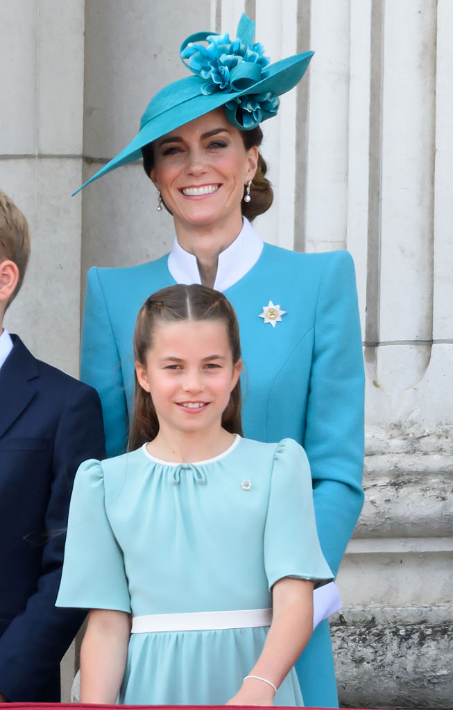 LONDON, ENGLAND - JUNE 14: Catherine, Princess of Wales and Princess Charlotte of Wales on the balcony at Buckingham Palace during Trooping The Colour 2025 on June 14, 2025 in London, England. Trooping The Colour is a ceremonial parade celebrating the official birthday of the British Monarch. The event features over 1,400 soldiers and officers, accompanied by 200 horses. More than 400 musicians from ten different bands and Corps of Drums march and while performing