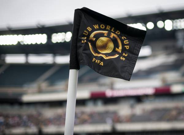 LINCOLN FINANCIAL FIELD, PHILADELPHIA, PENNSYLVANIA, UNITED STATES - 2025/06/22: A branded corner kick flag depicting the logo of the FIFA Club World Cup waves during the FIFA Club World Cup football match between Juventus FC and Wydad AC. Juventus FC won 4-1 over Wydad AC. (Photo by Nicolò Campo/LightRocket via Getty Images)