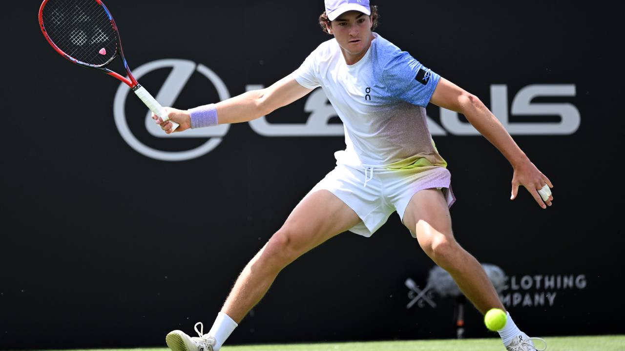 EASTBOURNE, ENGLAND - JUNE 23: Joao Fonseca of Brazil play a forehand against Zizou Bergs of Belgium during the Men's Singles First Round match on Day One of the Lexus Eastbourne Open at Devonshire Park on June 23, 2025 in Eastbourne, England. (Photo by Kate Green/Getty Images for LTA)