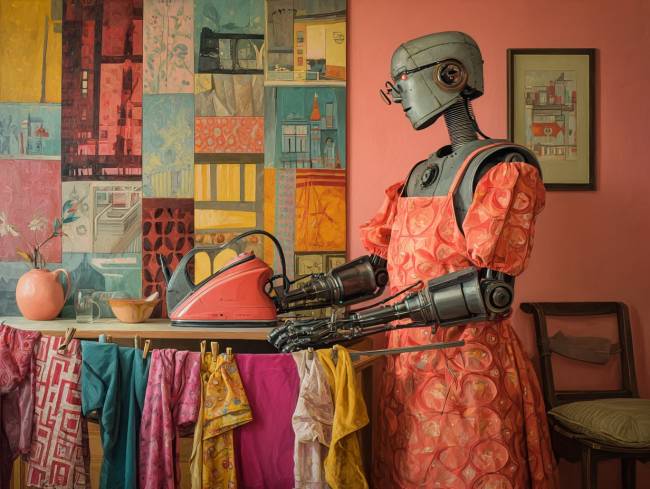 Imagem gerada por IA de um robô dobrando roupas Midjourney Essa criação imaginada pelo Midjourney ficou mais lúdica, porém a tendência da IA física é real: estima-se que robôs serão corriqueiros a partir de 2027