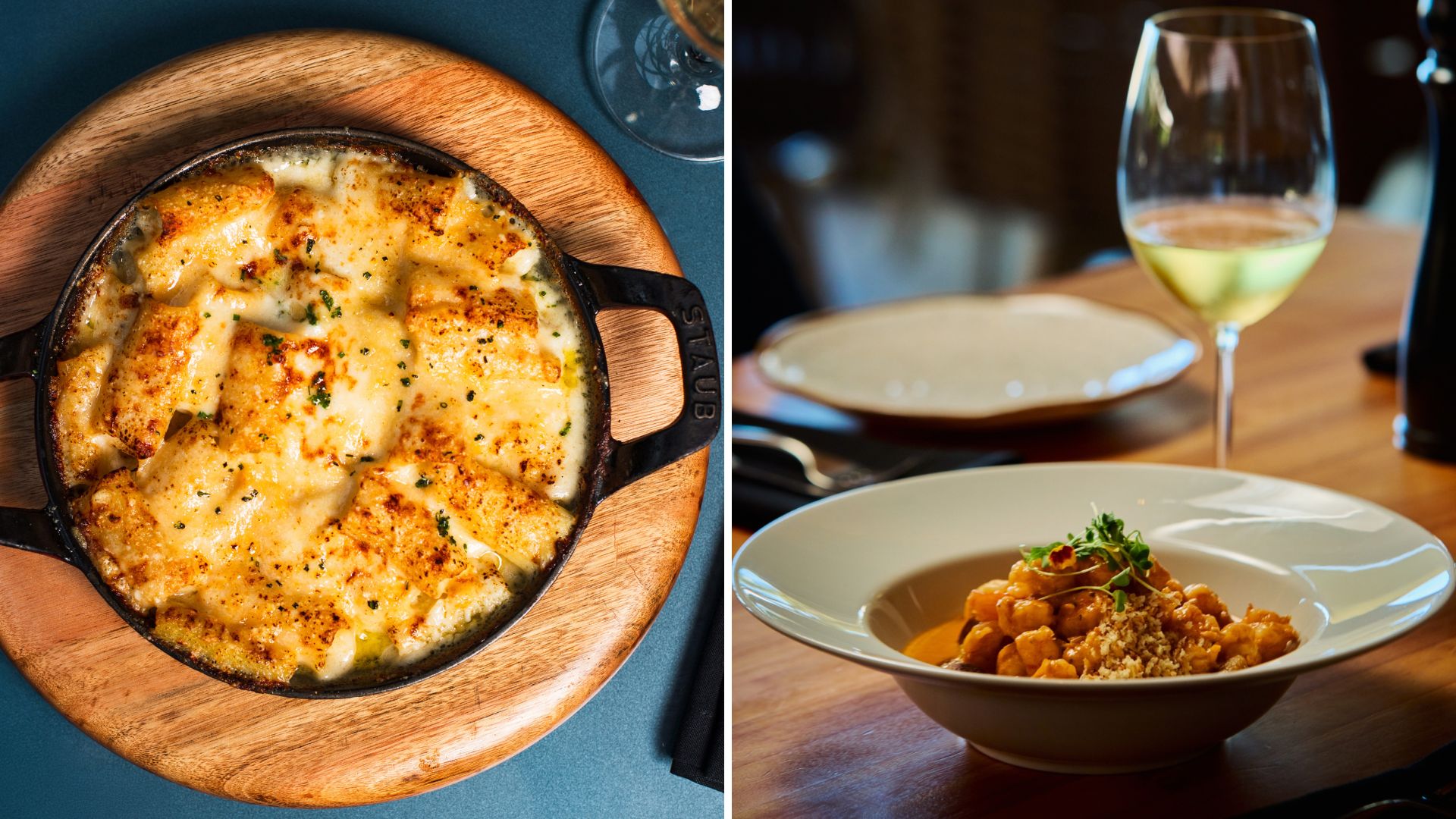 Rigatoni gratinado e nhoque de banana da terra