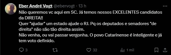 Usuário do X comenta post de Carlos Bolsonaro sobre ser candidato ao Senado por outro estado