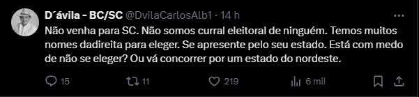 Usuário do X comenta post de Carlos Bolsonaro sobre ser candidato ao Senado por outro estado