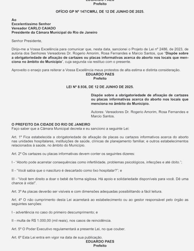 Lei sancionada por Eduardo Paes sobre cartazes contra aborto na rede de saúde pública