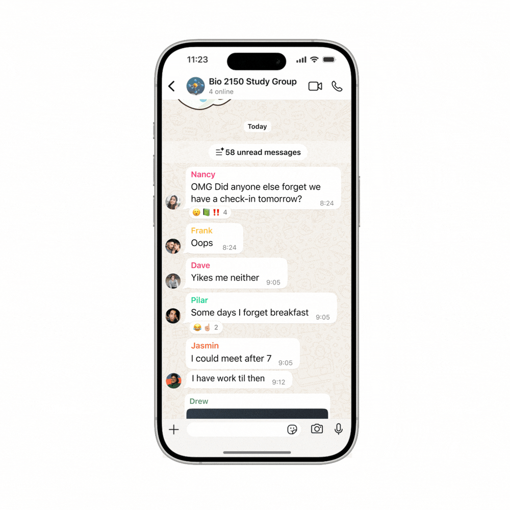 Nova função do WhatsApp permite visualizar um resumo em tópicos das mensagens não lidas em grupos e conversas privadas com ajuda da Meta AI.