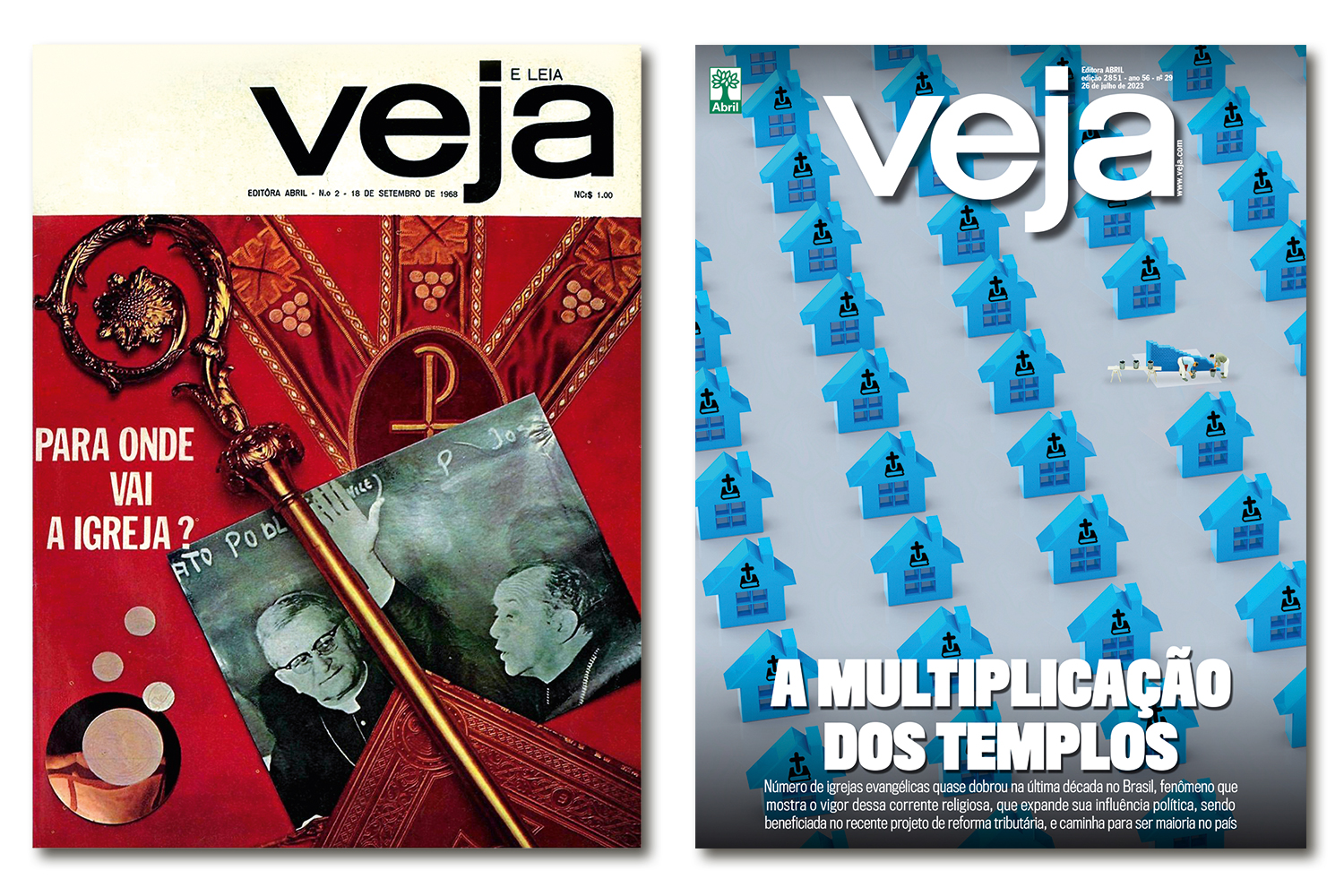 REBANHOS - A capa da segunda edição de VEJA e uma de 2023: de católicos a evangélicos