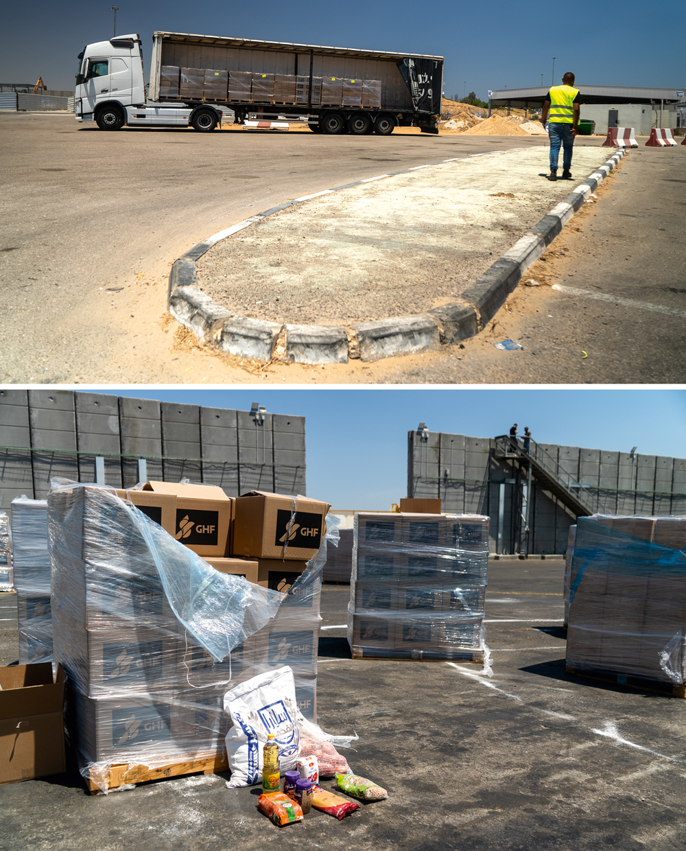 &Eacute; POUCO -&ensp;Caminh&atilde;o com comida na fronteira de Gaza (acima) e a cesta da GHF (abaixo): o problema &eacute; de quantidade e qualidade dos alimentos