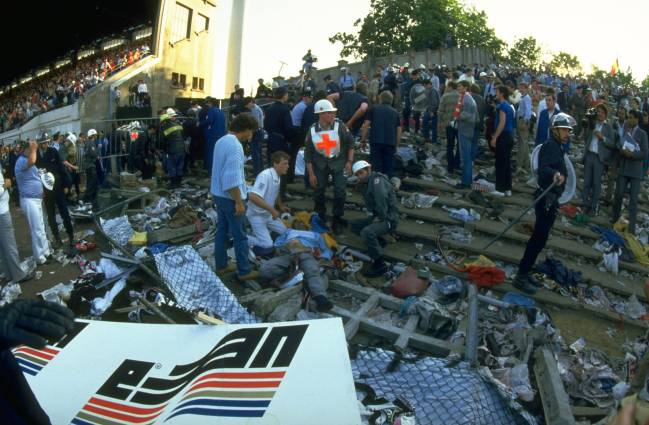 29 May 1985: The aftermath of the crowd riots during the European Cup Final between Juventus and Liverpool at the Heysel Stadium in Brussels, Belgium. Juventus won the match 1-0 Mandatory Credit: David Cannon/Allsport