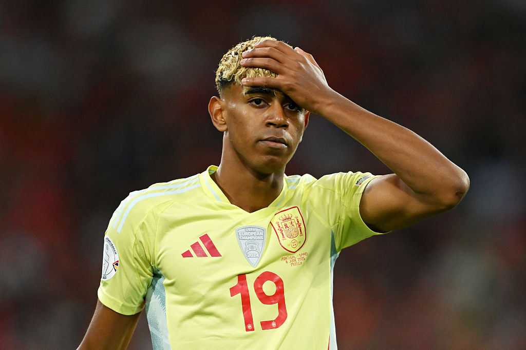 MUNICH, GERMANY - JUNE 08: Lamine Yamal of Spain reacts during the UEFA Nations League 2025 final match between Portugal and Spain at Munich Football Arena on June 08, 2025 in Munich, Germany. (Photo by Sebastian Widmann - UEFA/UEFA via Getty Images)